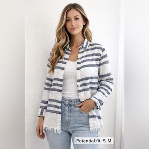 BeachLunchLounge Linen Blend Striped Button Down | Fringe Hem